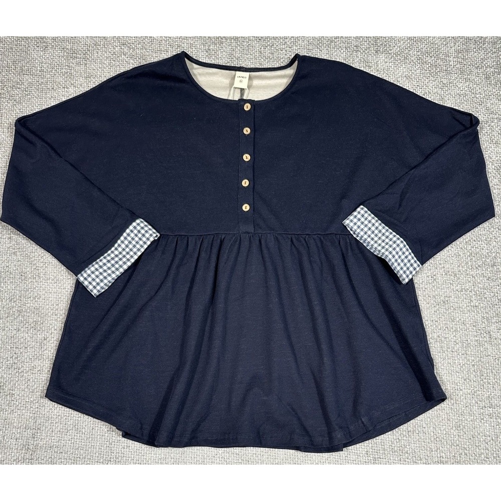 Lintico Top Womens XXL‎ Blue Organic Cotton Patchwork Cuff Audrey Button Detail